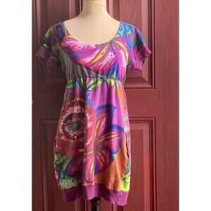 Desigual Bubble Dress XS? Pink Floral Empire Waist Embroidery Rainbow Arts Paint